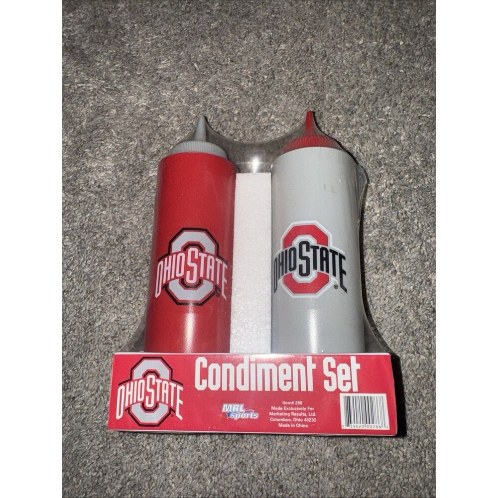 Ohio State Buckeyes Condiment Set Ketchup Mustard Plastic Block O Red Grey 8”